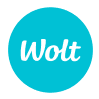 Wolt logo white in blue with white border